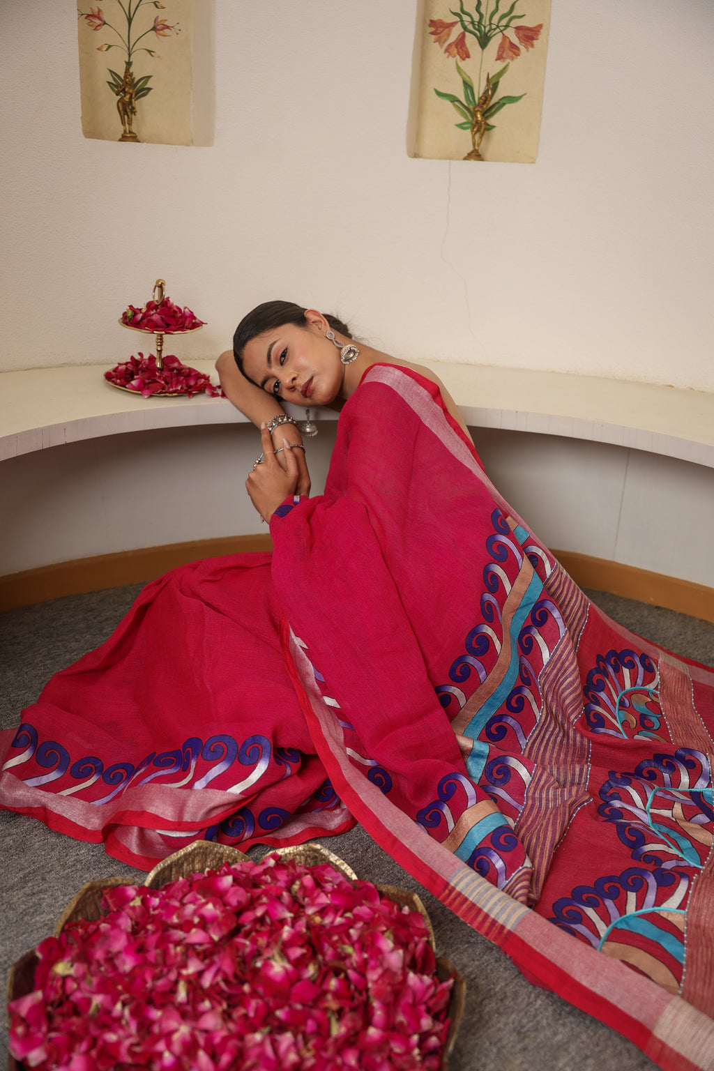 HandPainted and Hand embroidered Deep Pink Handloom Linen Saree
