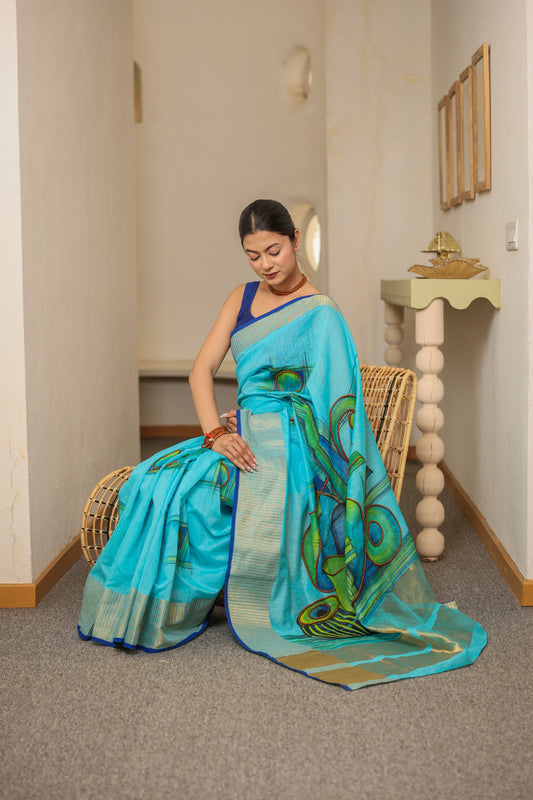 Hand-painted turquoise blue handloom cotton silk saree