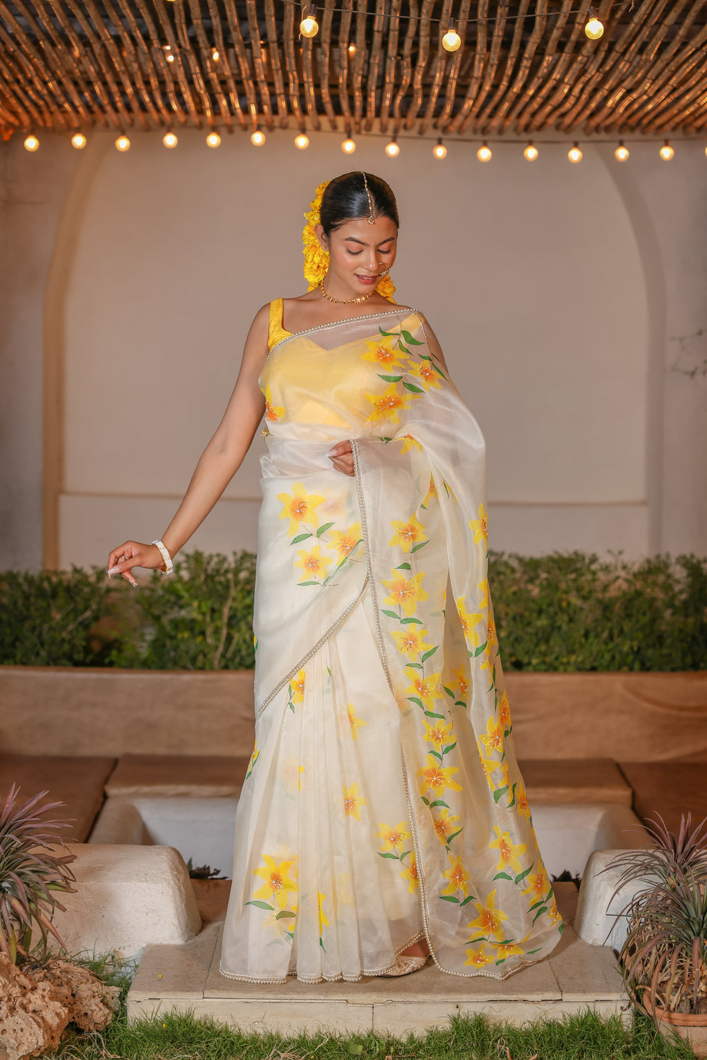 Handpainted and Hand embroidered Ivory Pure Silk Organza lily Saree