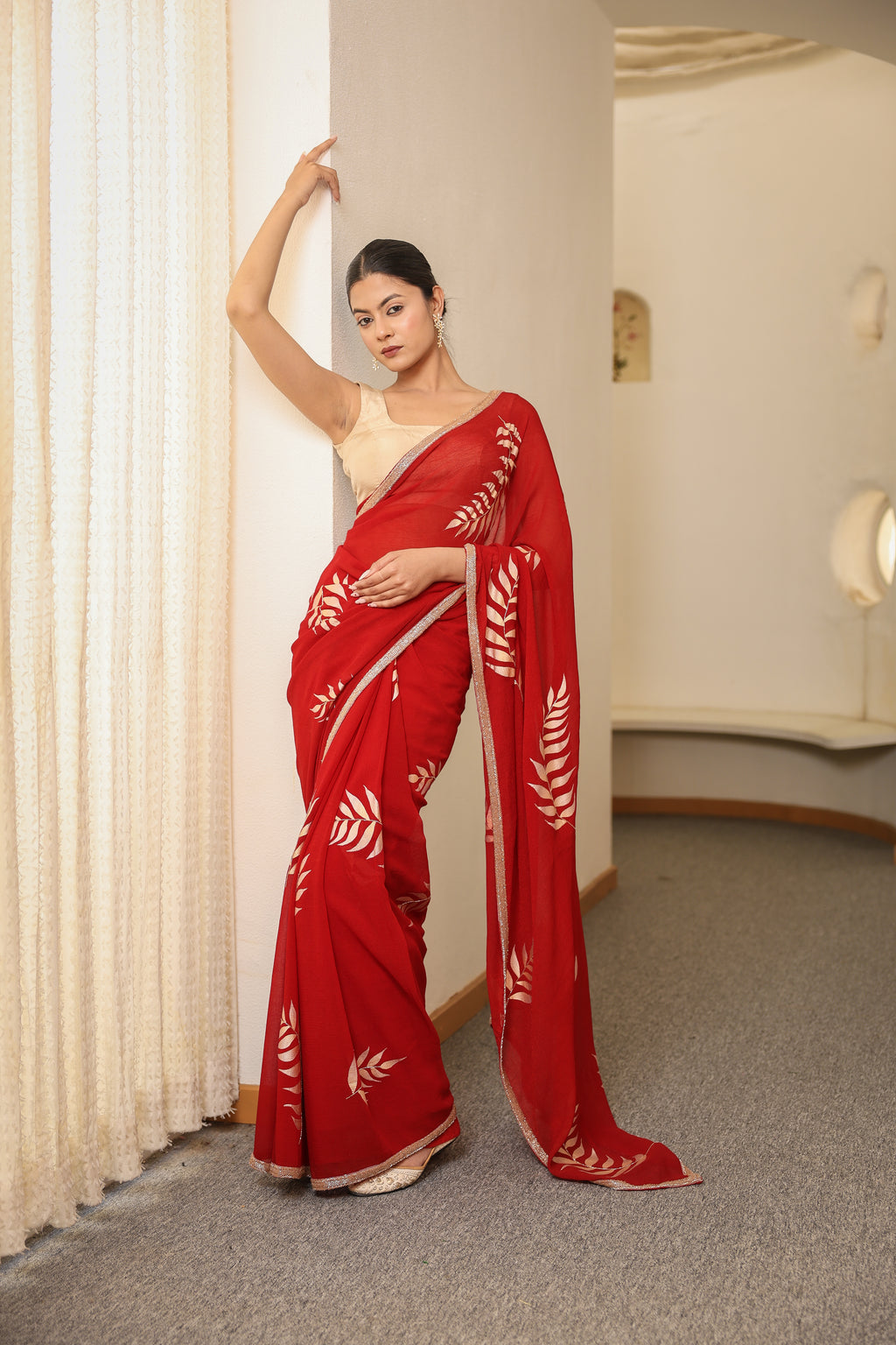 Hand-Painted and Hand-Embroidered Crimson Shimmer Chiffon  Fern Saree
