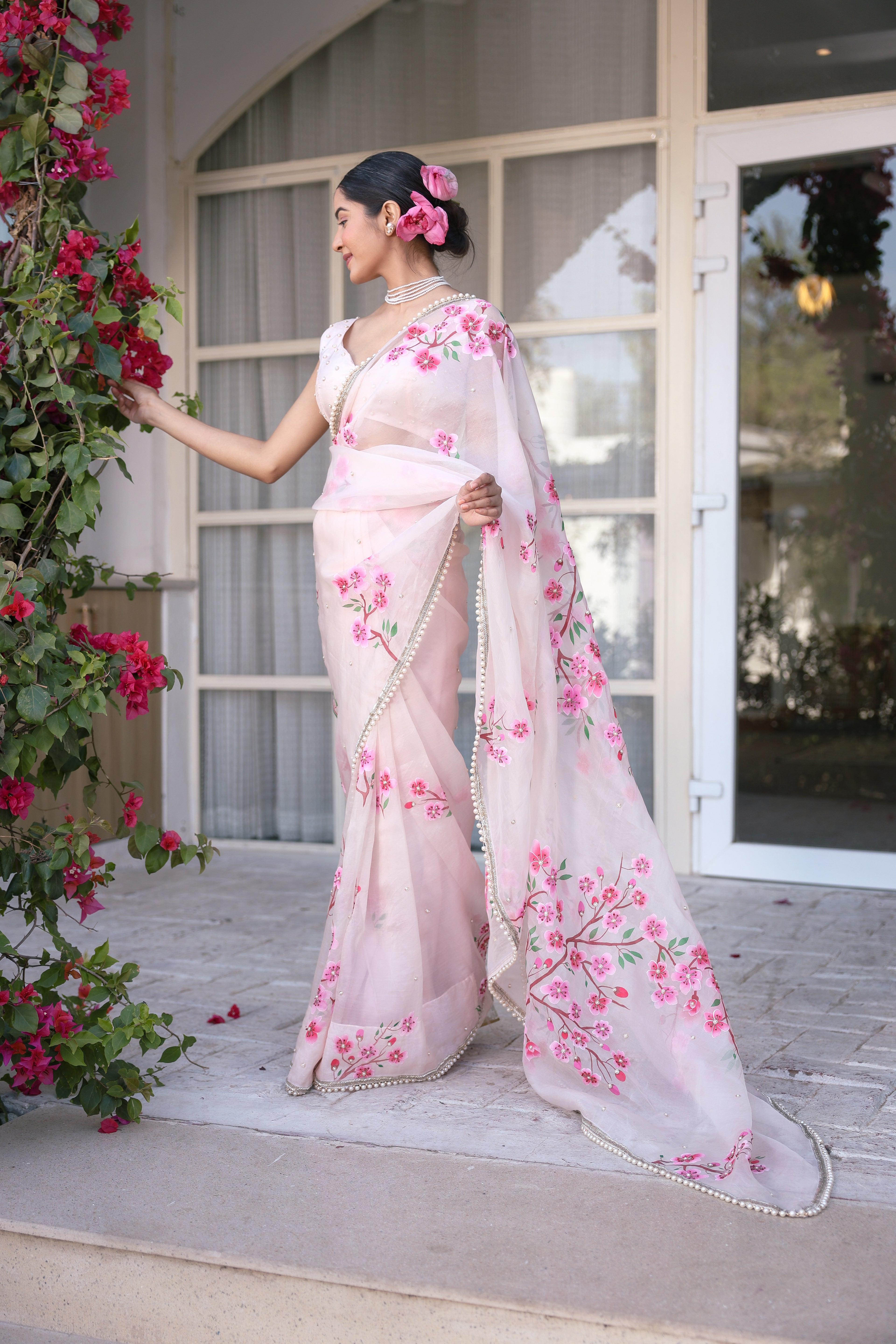Handpainted and Hand embroidered Powder Pink Pure Silk Organza Cherry Blossom Saree
