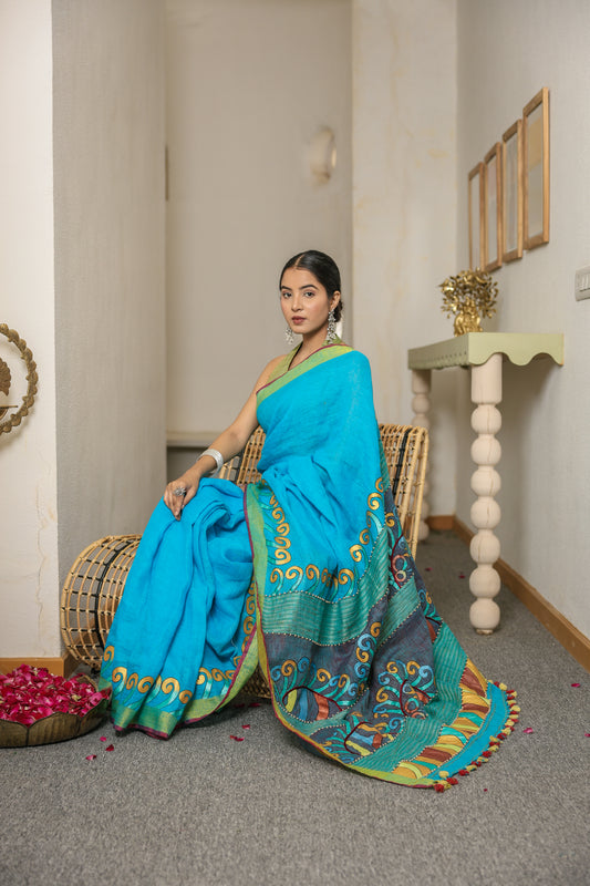 Hand-painted turquoise blue handloom linen saree