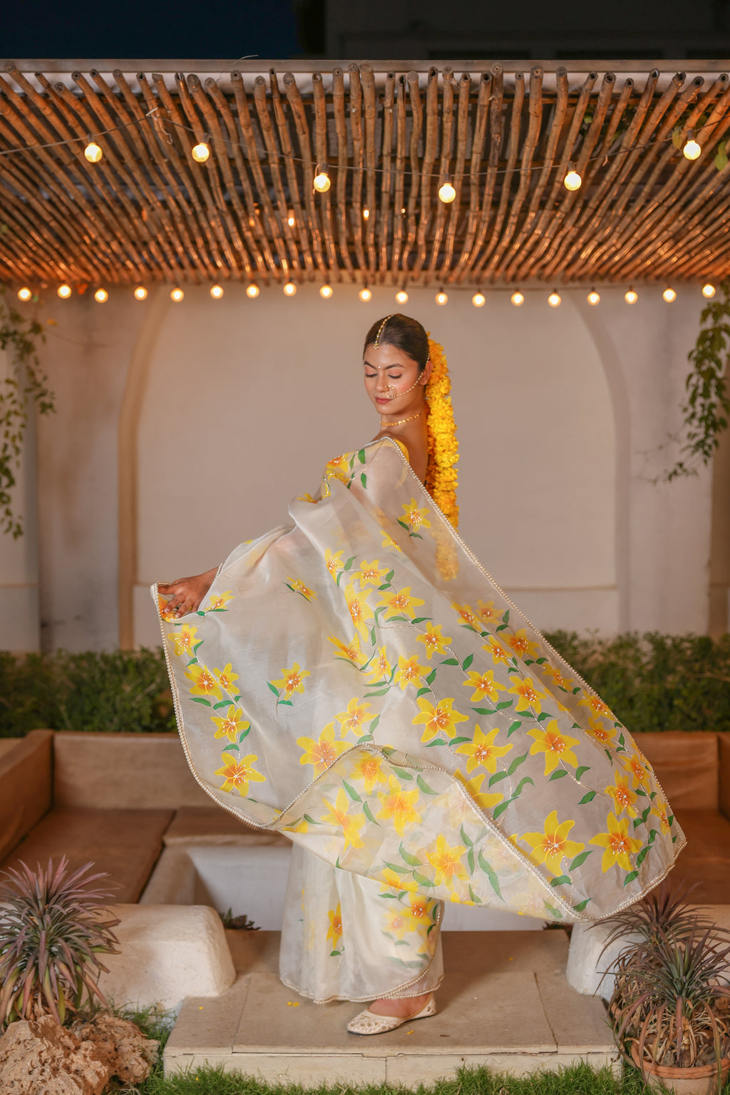 Handpainted and Hand embroidered Ivory Pure Silk Organza lily Saree