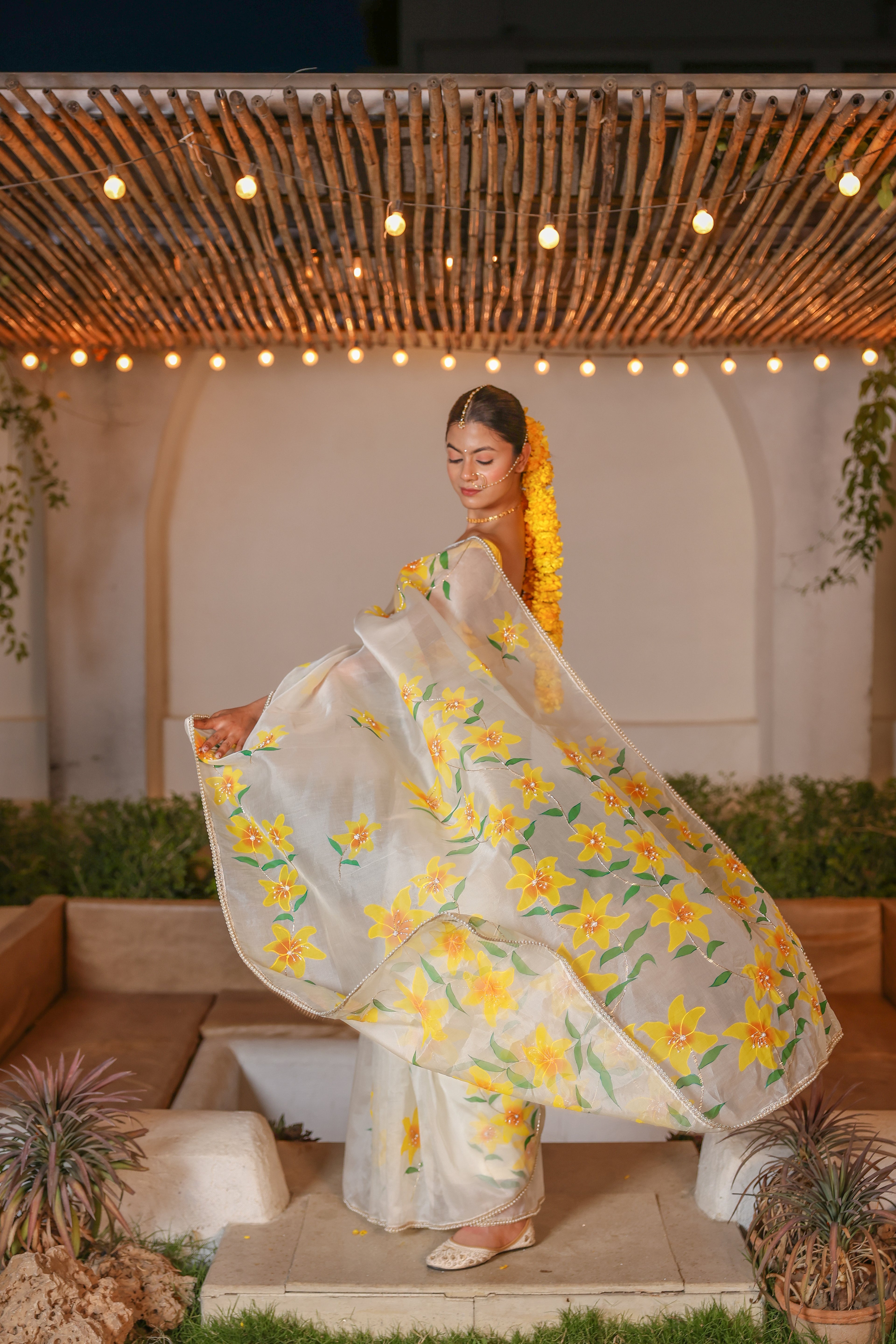 Handpainted and Hand embroidered Ivory Pure Silk Organza lily Saree