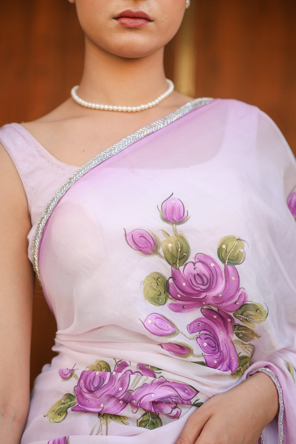 Handpainted and Hand embroidered Lavender Natural Crepe Saree