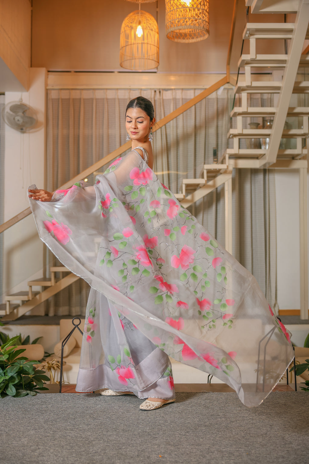 Handpainted and Hand-Embroidered Pastel Grey Pure Silk Organza Spring Rose Saree