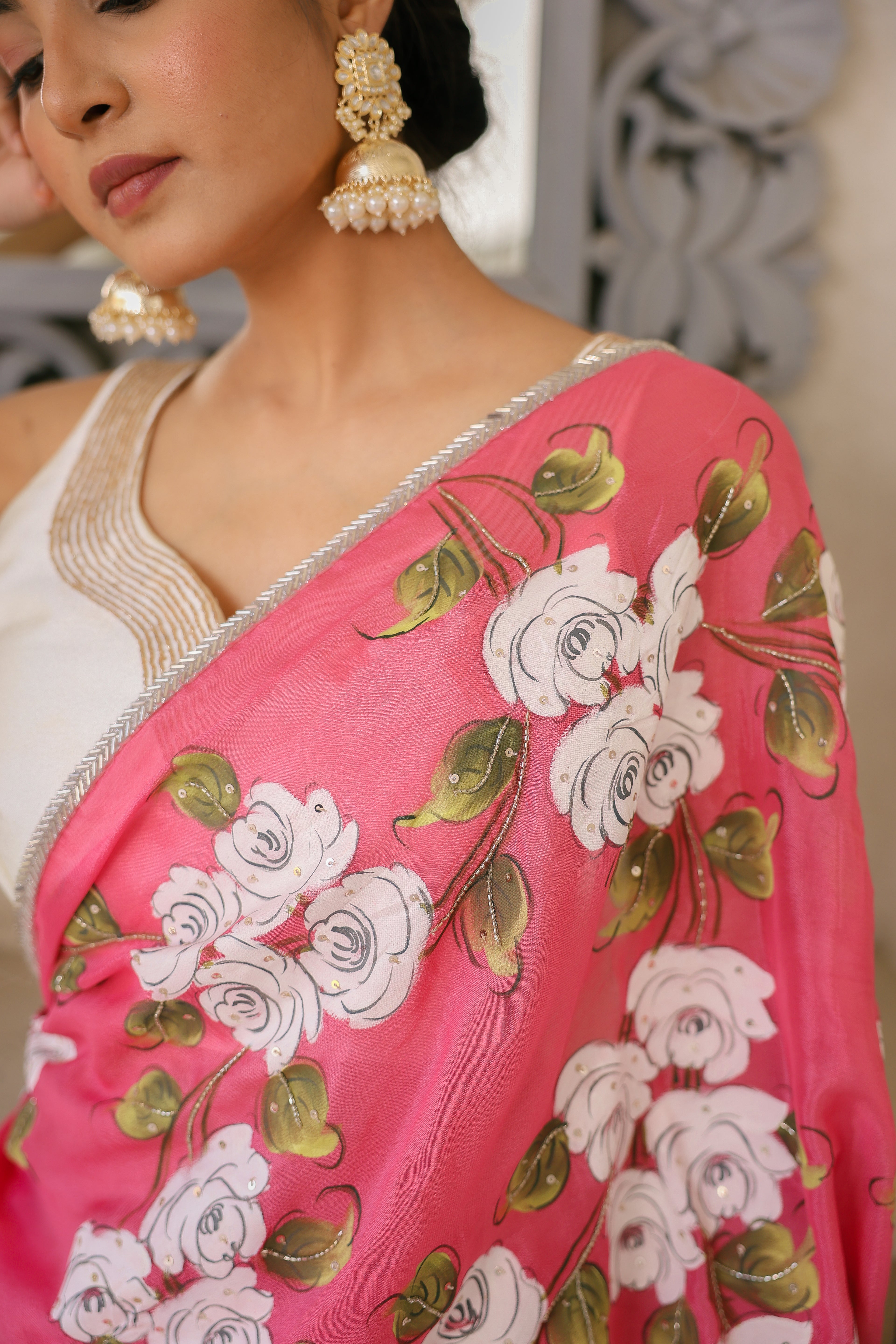 Handpainted and Handembroidered Pink Chinon Crepe Saree
