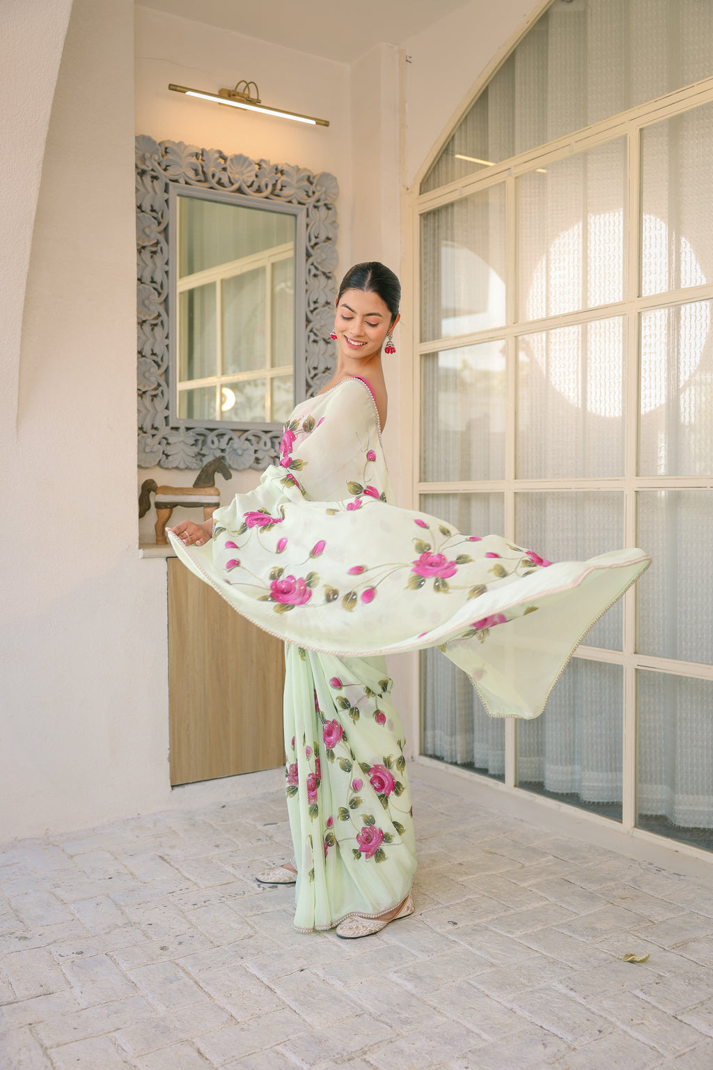 Handpainted and Hand embroidered Pastel Green Natural Crepe Saree