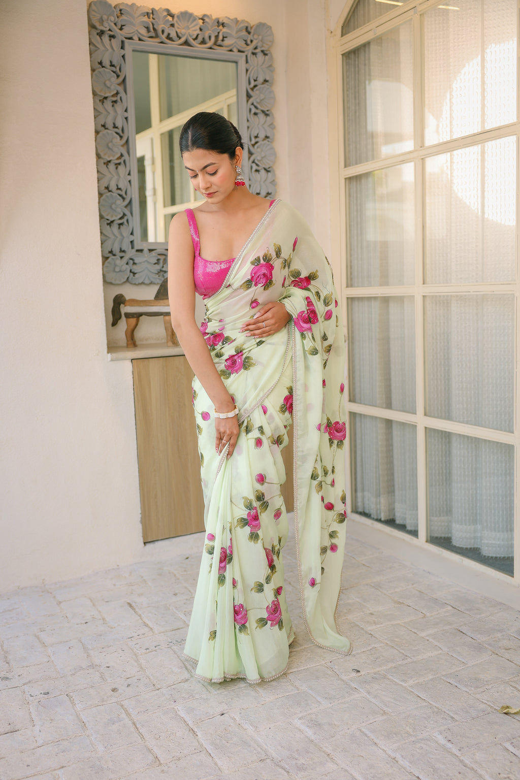 Handpainted and Hand embroidered Pastel Green Natural Crepe Saree