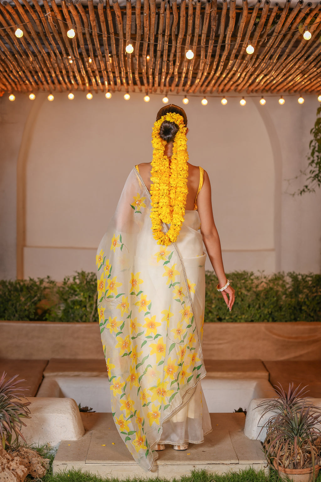 Ivory Pearl & Glass Beads Hand-Embroidered Silk Organza Saree
