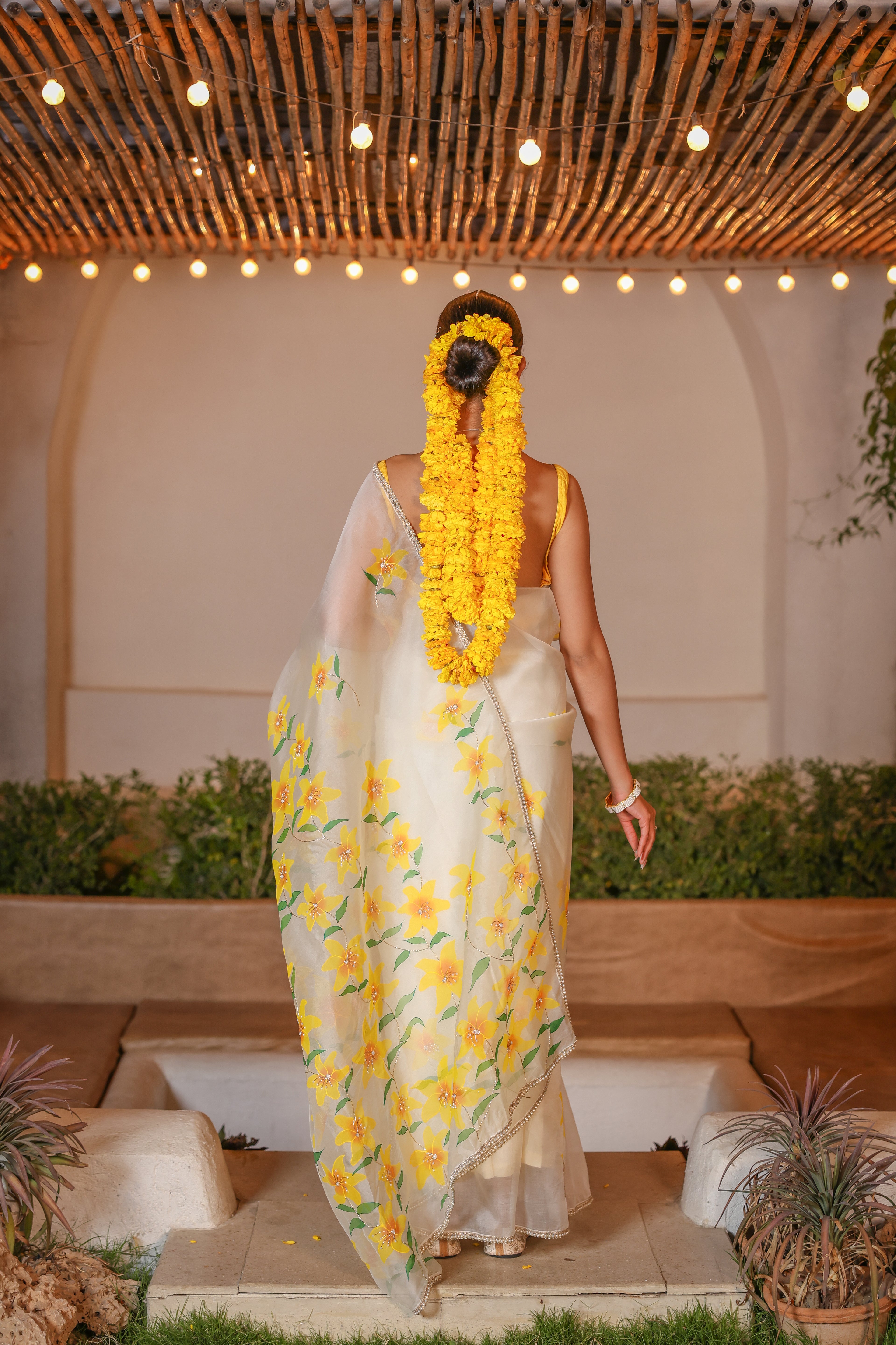 Ivory Pearl & Glass Beads Hand-Embroidered Silk Organza Saree