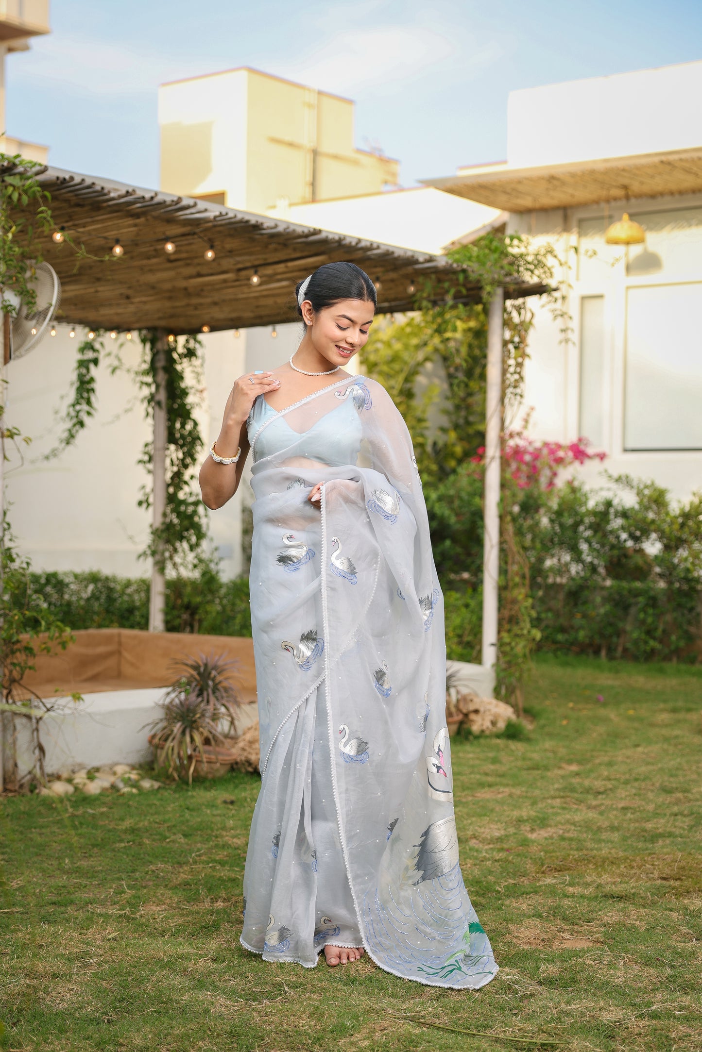 Hand-Painted Pastel Blue Swan Silk Organza Saree