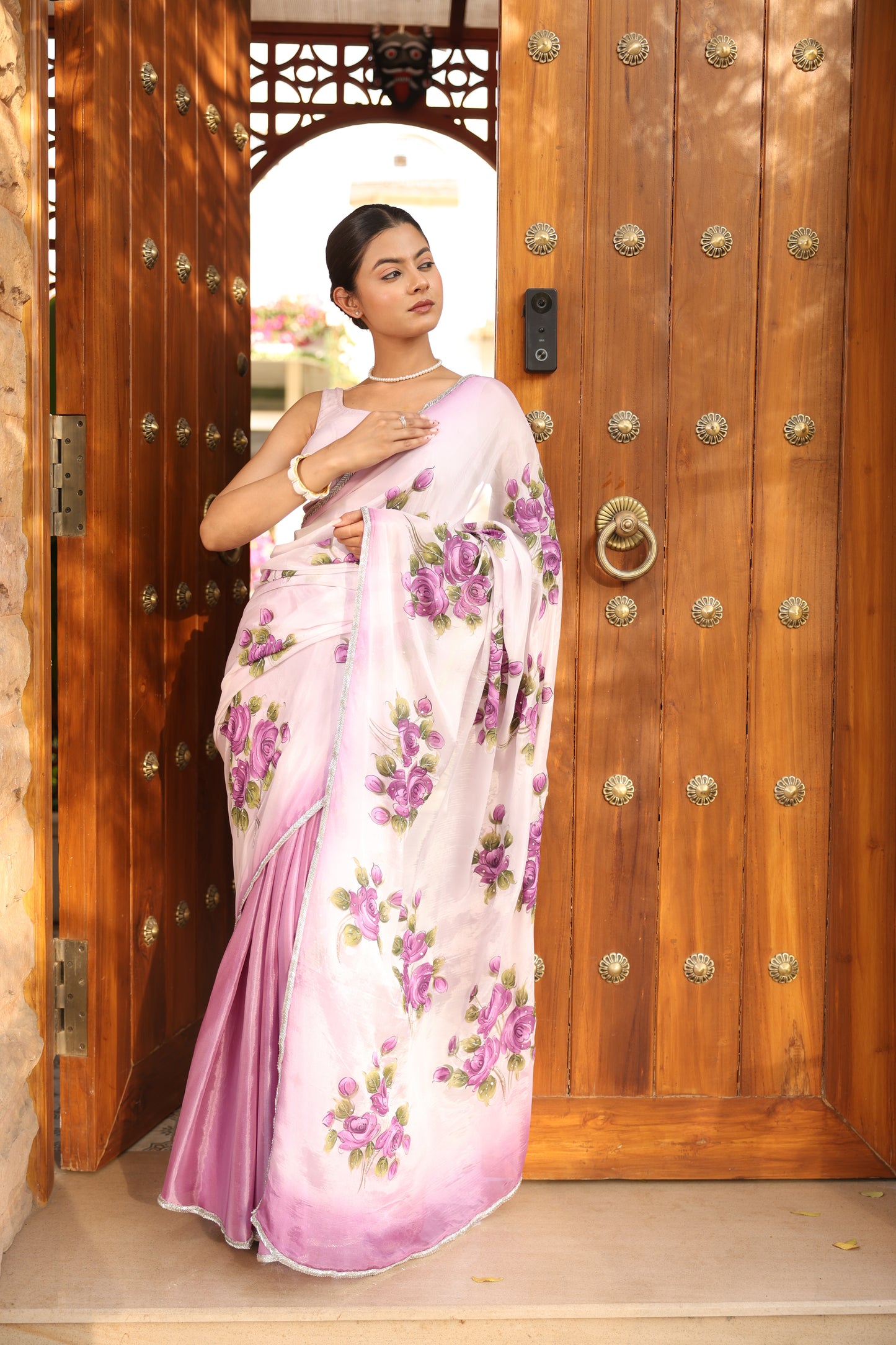 Hand-painted lavendar Chinon-crepe floral saree