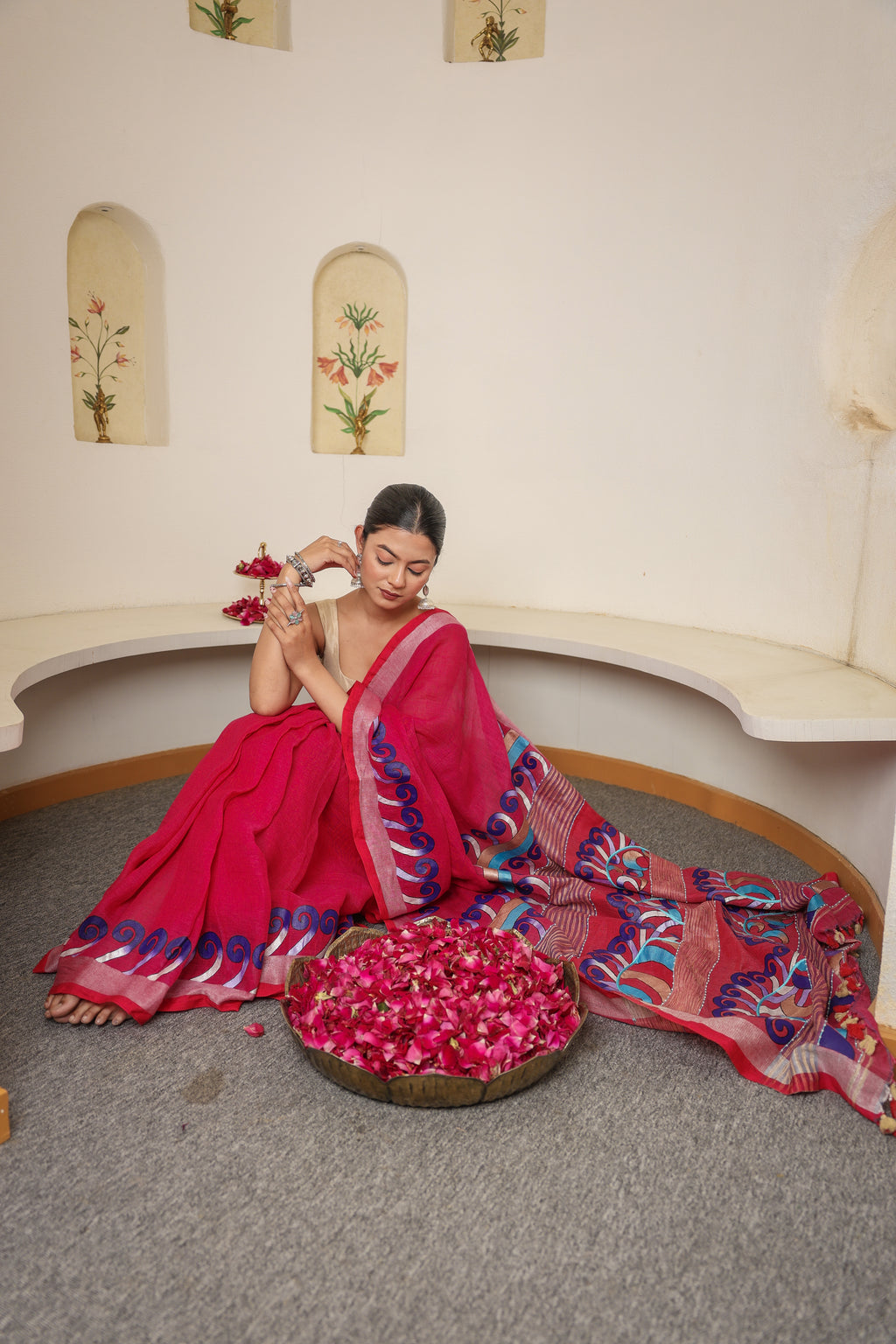 HandPainted and Hand embroidered Deep Pink Handloom Linen Saree