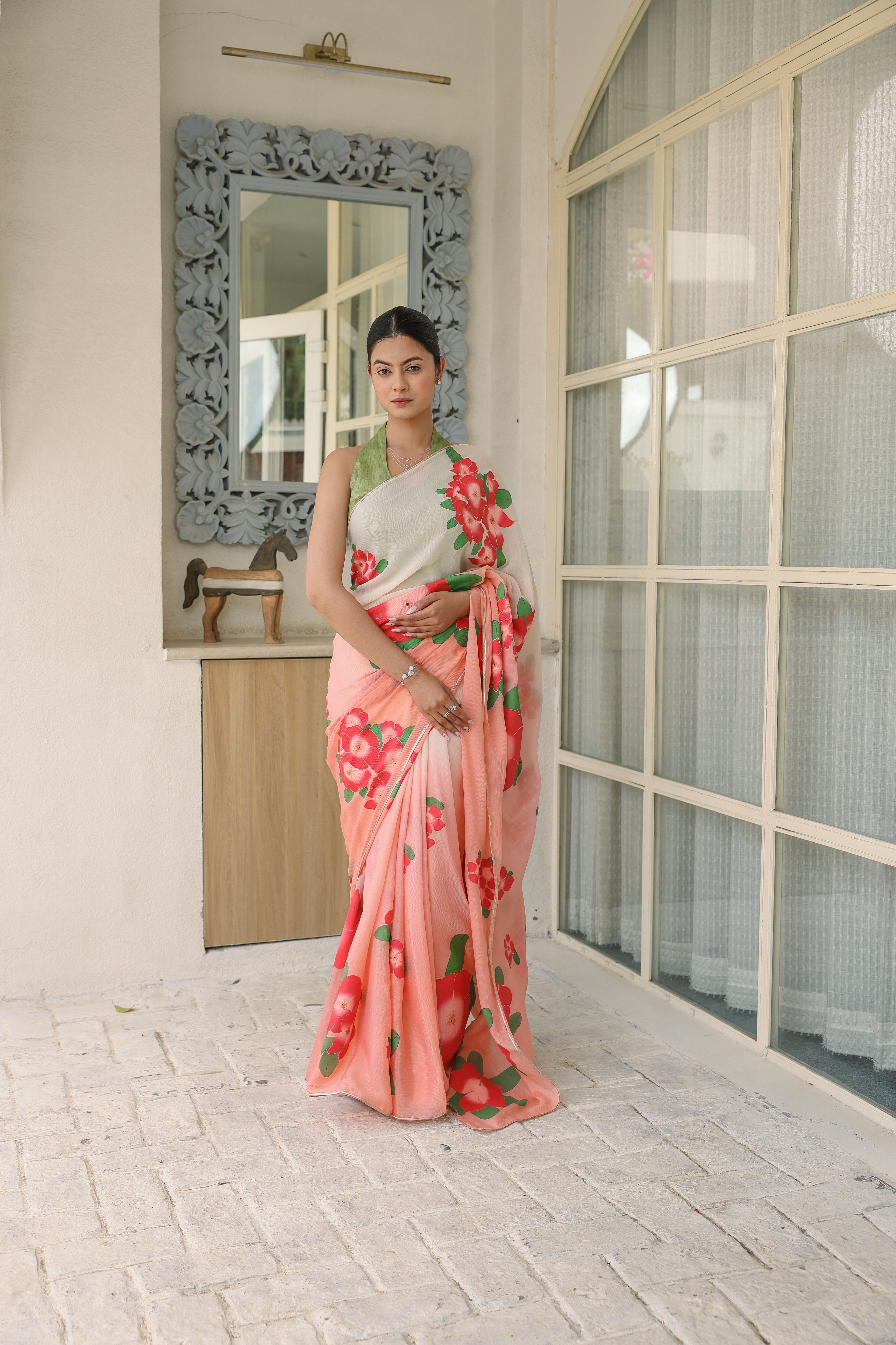 Handpainted Ombre Peach Pure chinon Chiffon Saree