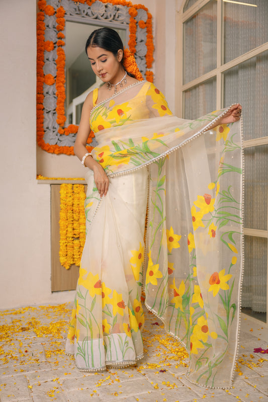 Hand-Painted Ivory Daffodil Silk Organza Saree
