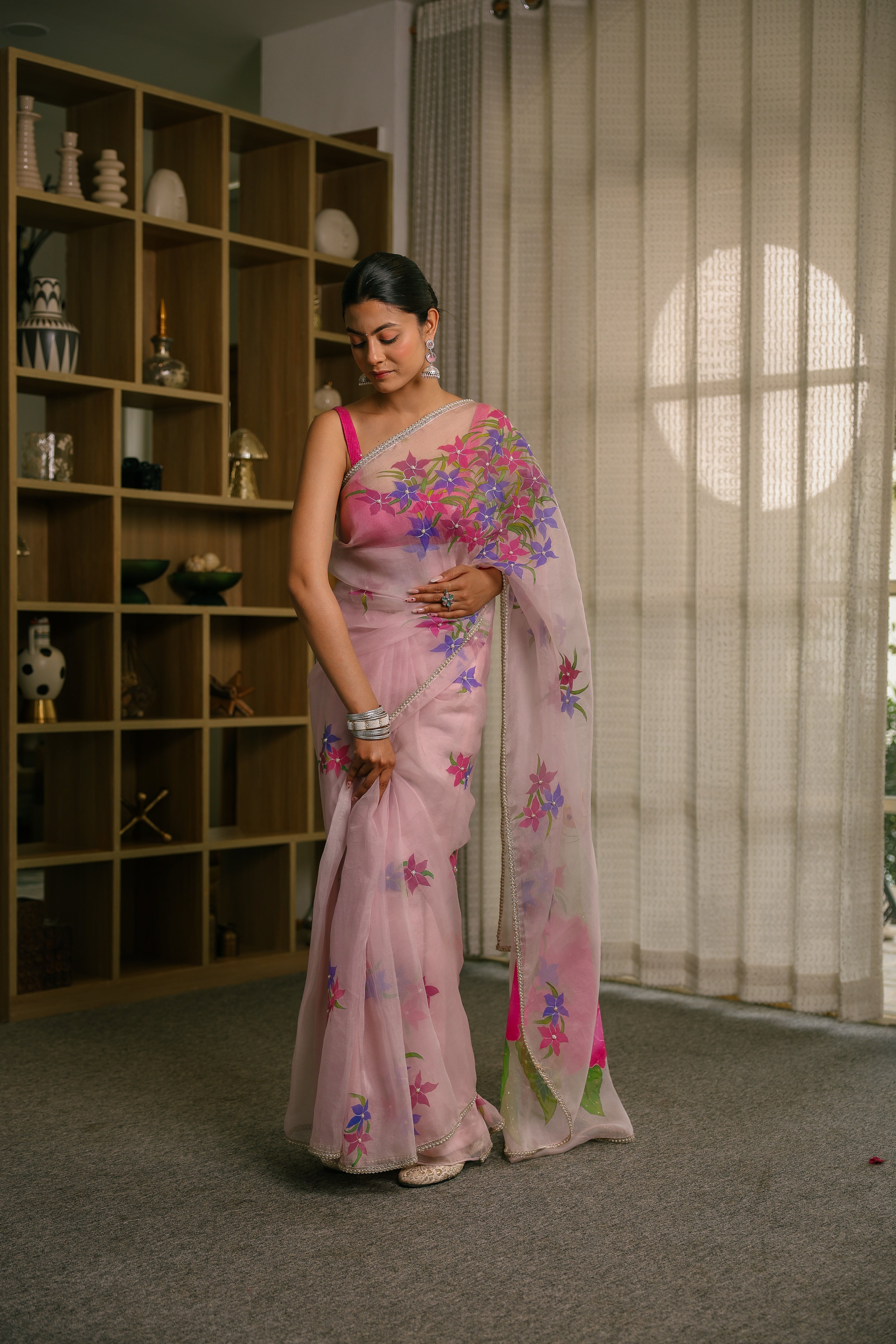 Handpainted and Hand embroidered Pastel Mauve Pure Silk Organza Whimsical Butterfly Saree