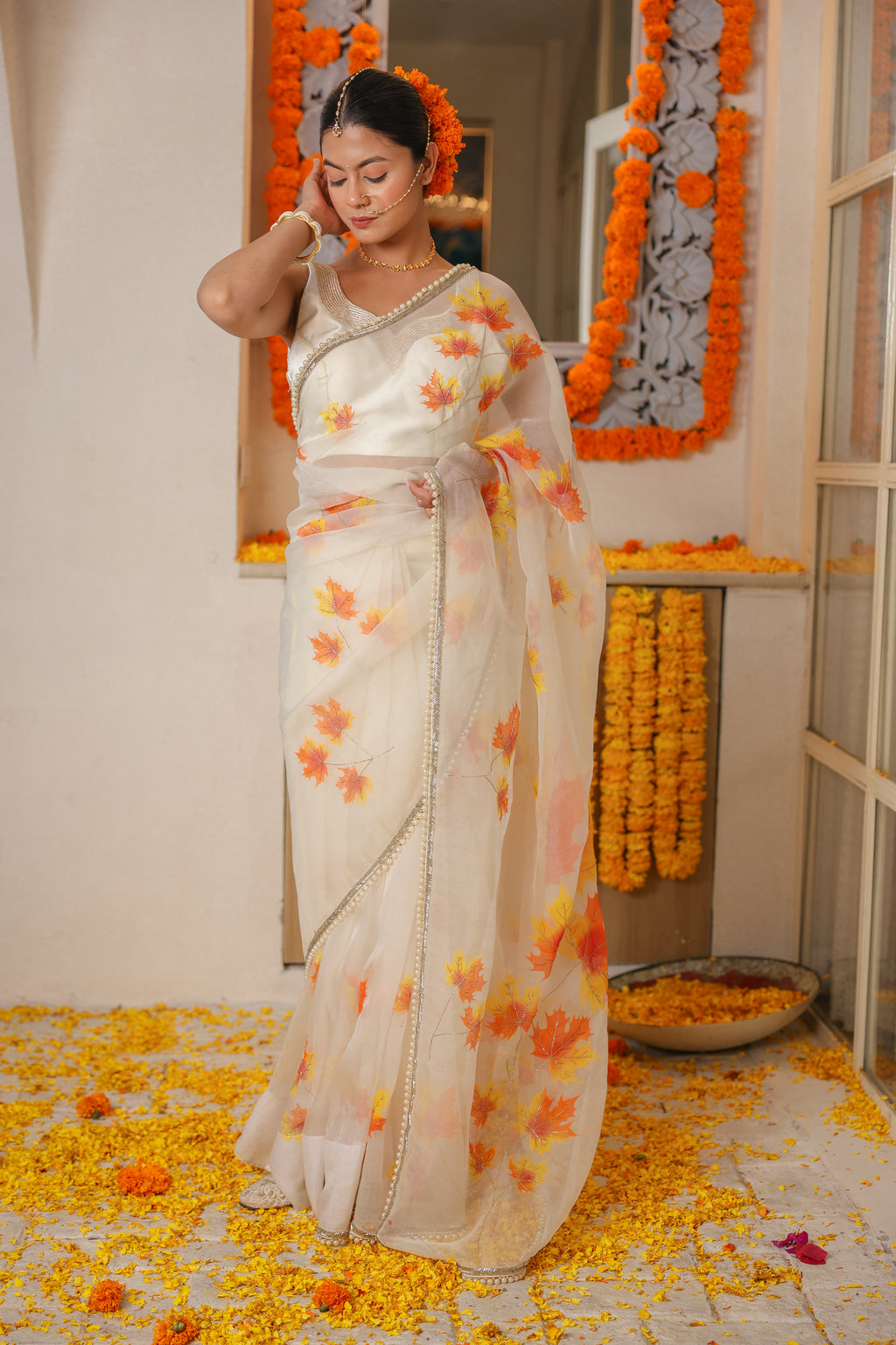 Hand-Painted and Hand-Embroidered Ivory Maple Leaf Pure Silk Organza Saree