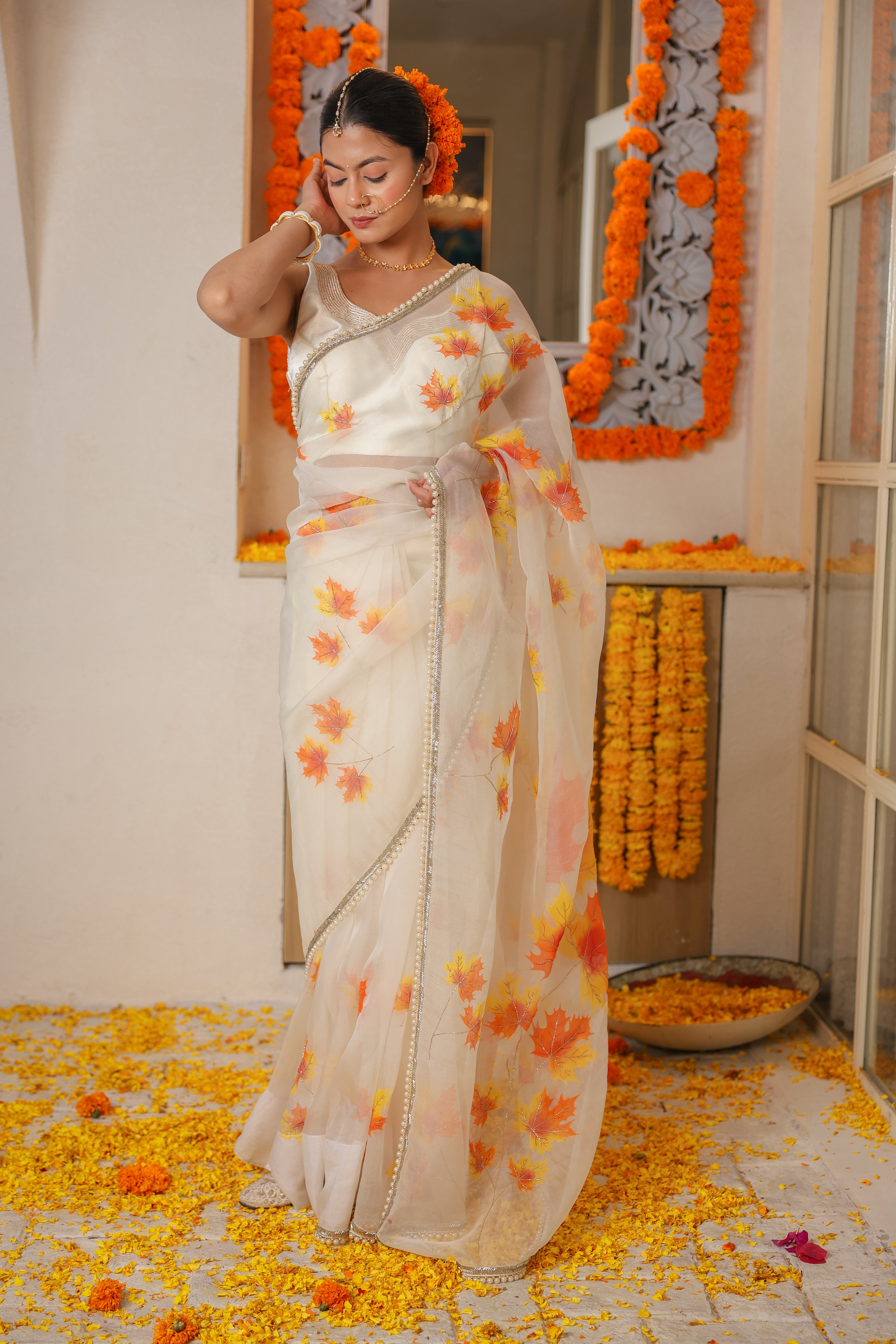 Hand-Painted and Hand-Embroidered Ivory Maple Leaf Pure Silk Organza Saree