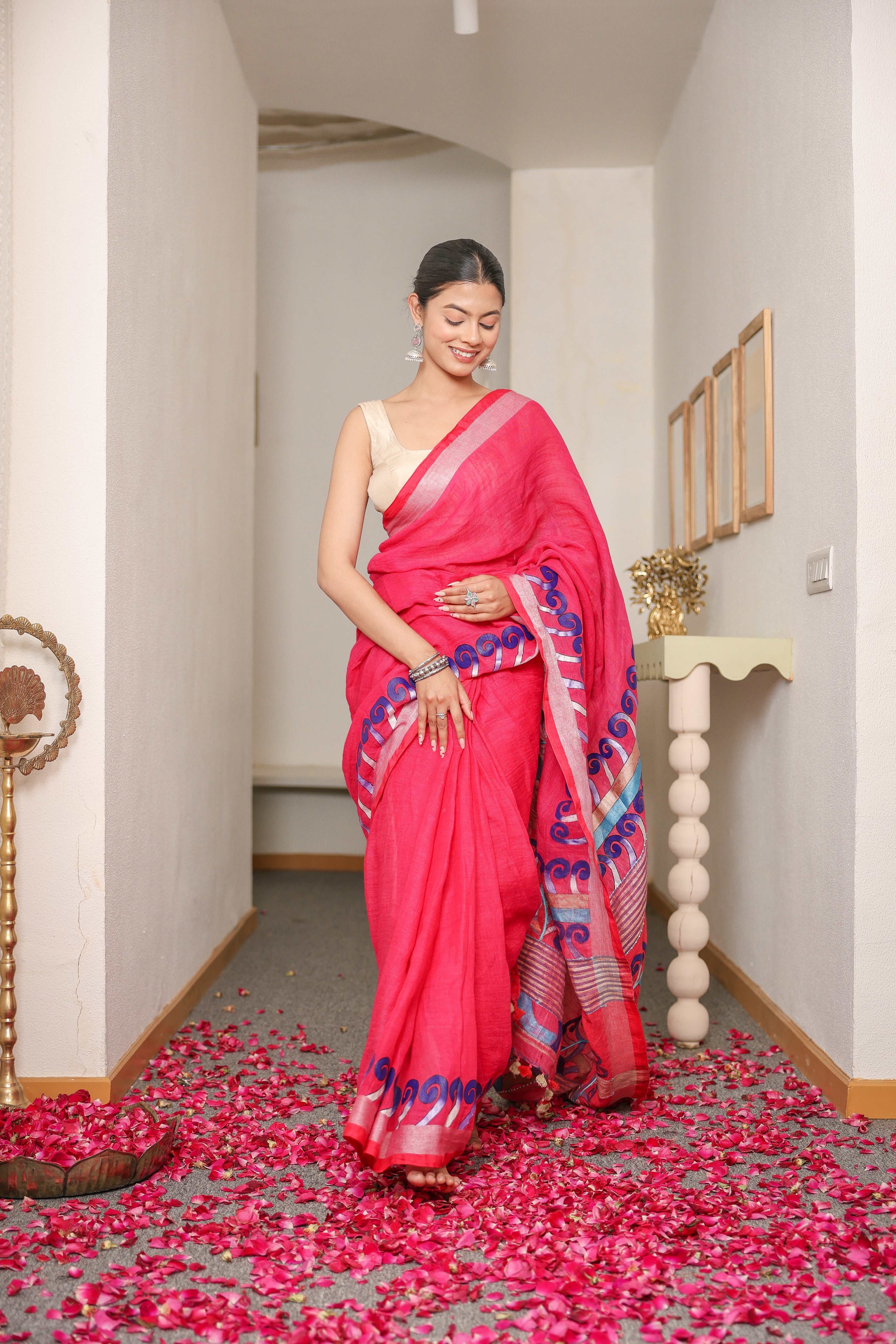 HandPainted and Hand embroidered Deep Pink Handloom Linen Saree