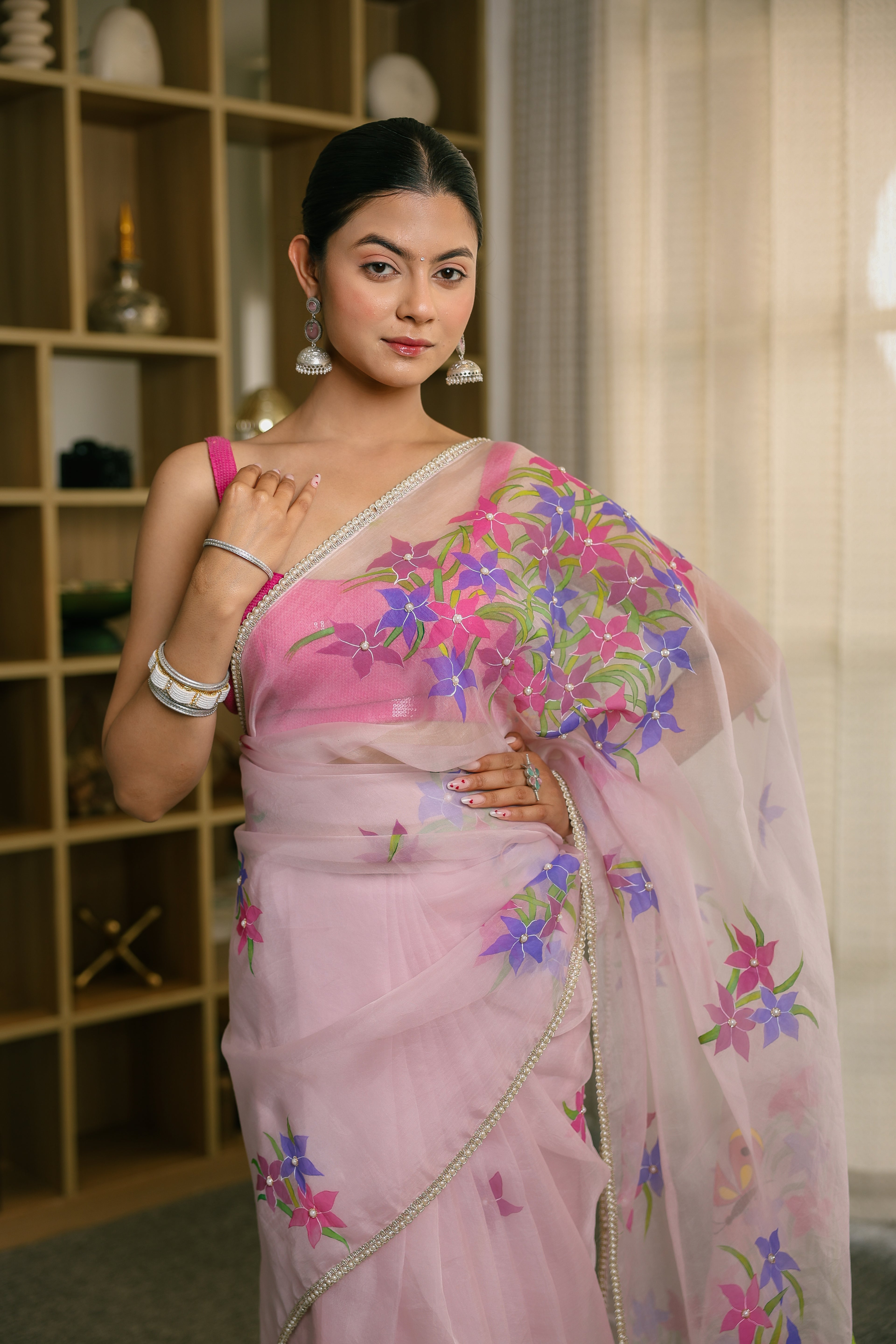 Handpainted and Hand embroidered Pastel Mauve Pure Silk Organza Whimsical Butterfly Saree