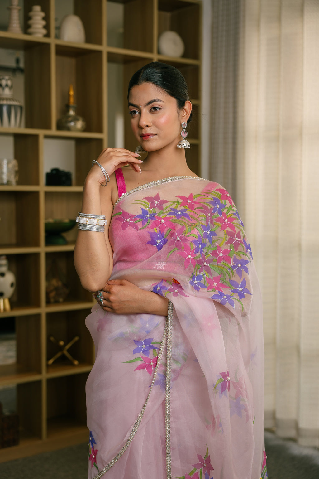 Handpainted and Hand embroidered Pastel Mauve Pure Silk Organza Whimsical Butterfly Saree
