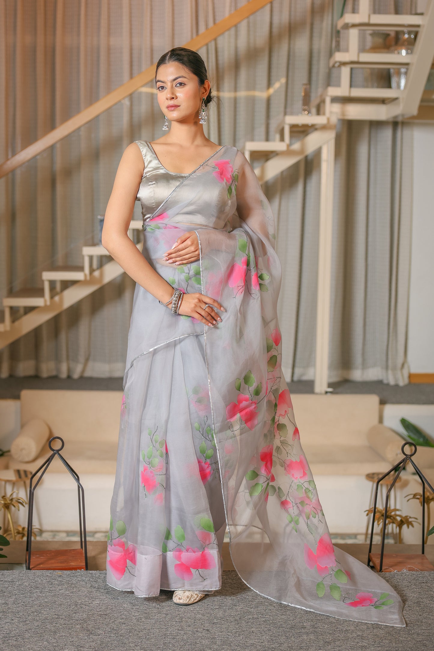Hand-Painted Pastel Grey Silk Organza Saree