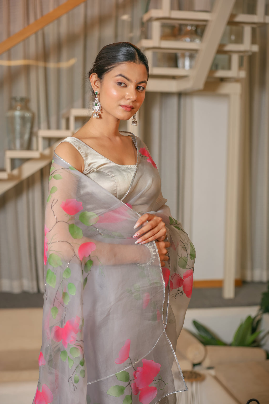 Handpainted and Hand-Embroidered Pastel Grey Pure Silk Organza Spring Rose Saree