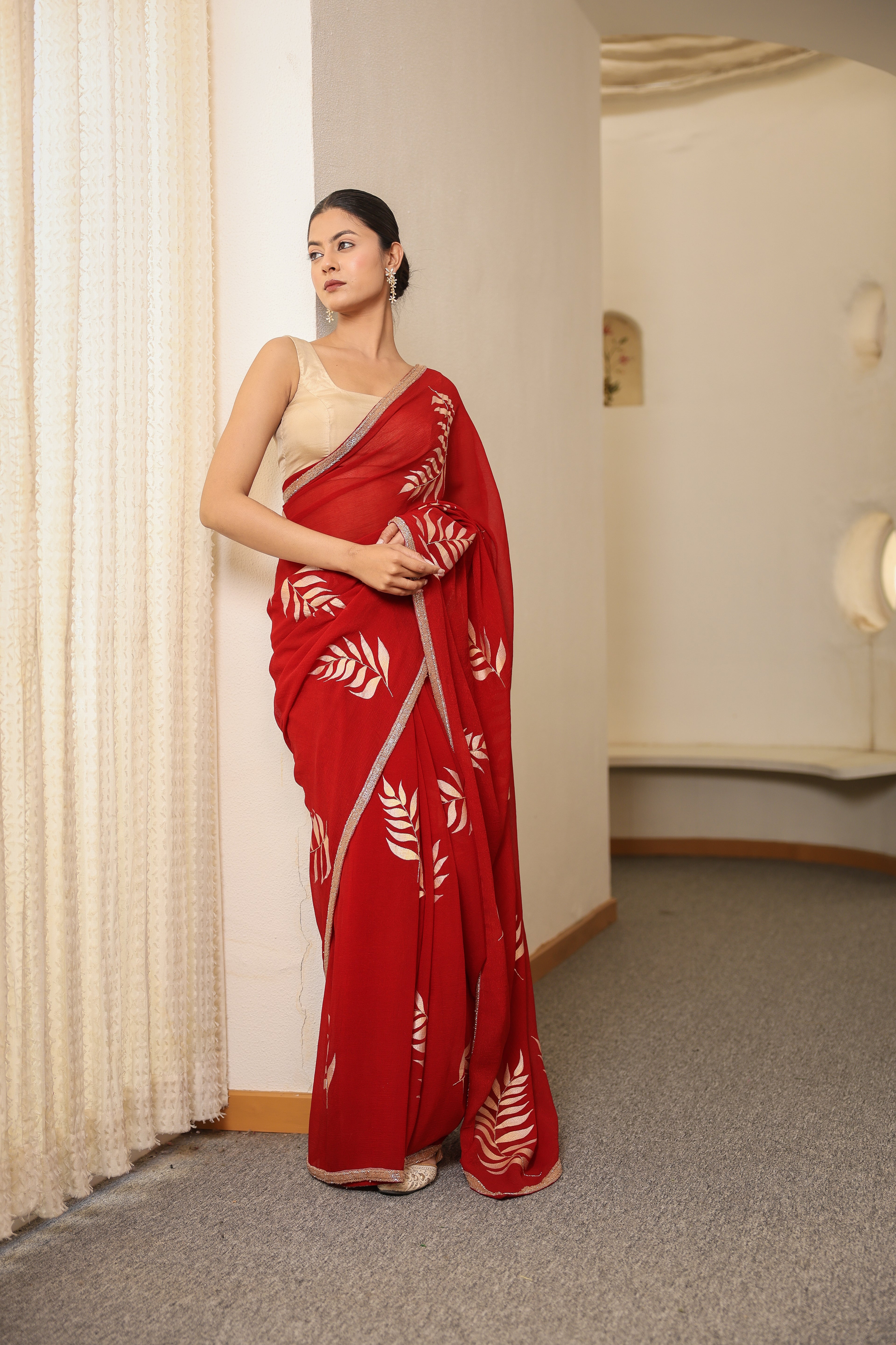 Hand-Painted and Hand-Embroidered Crimson Shimmer Chiffon  Fern Saree