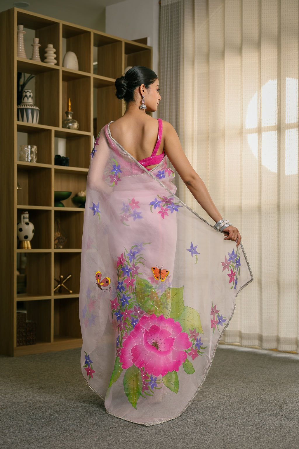 Handpainted and Hand embroidered Pastel Mauve Pure Silk Organza Whimsical Butterfly Saree