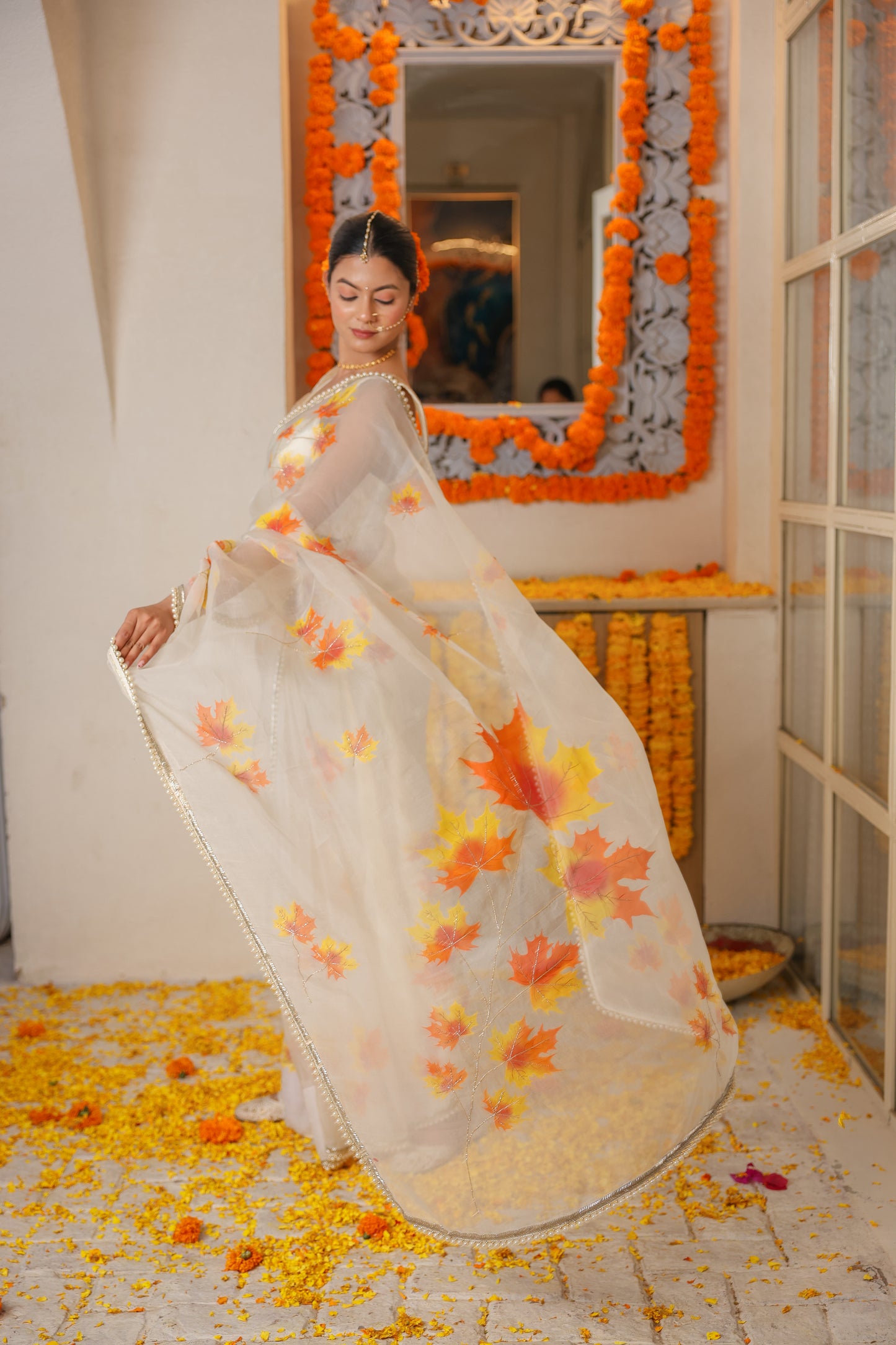 Hand-Painted Ivory Maple Love Silk Organza Saree