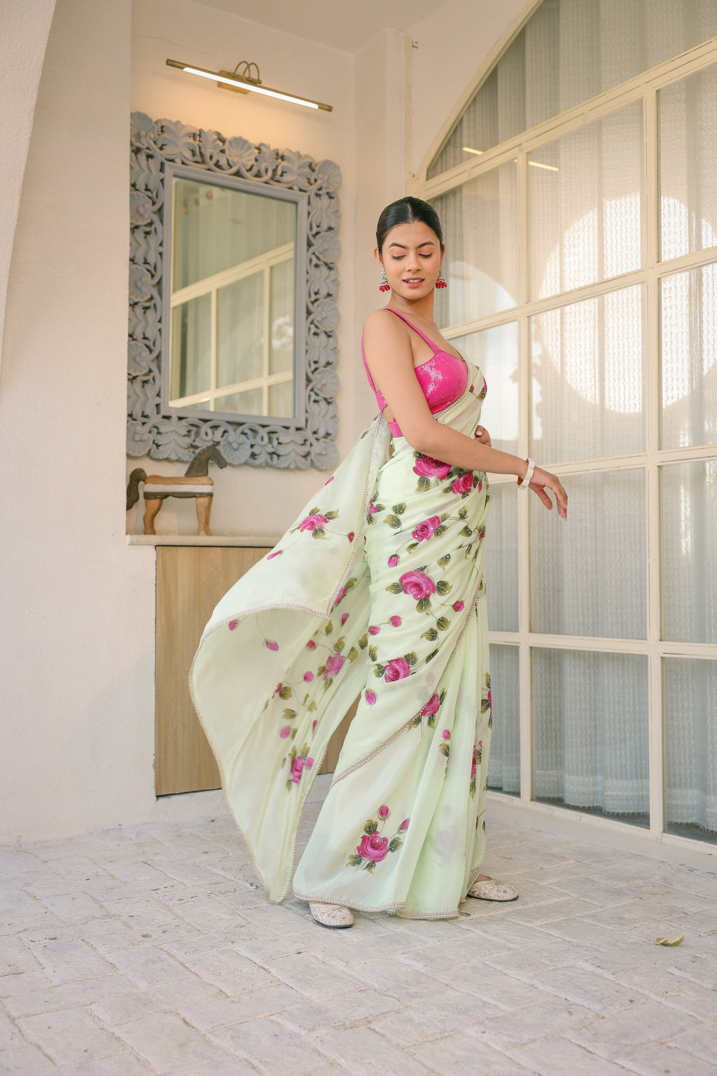 Handpainted and Hand embroidered Pastel Green Natural Crepe Saree