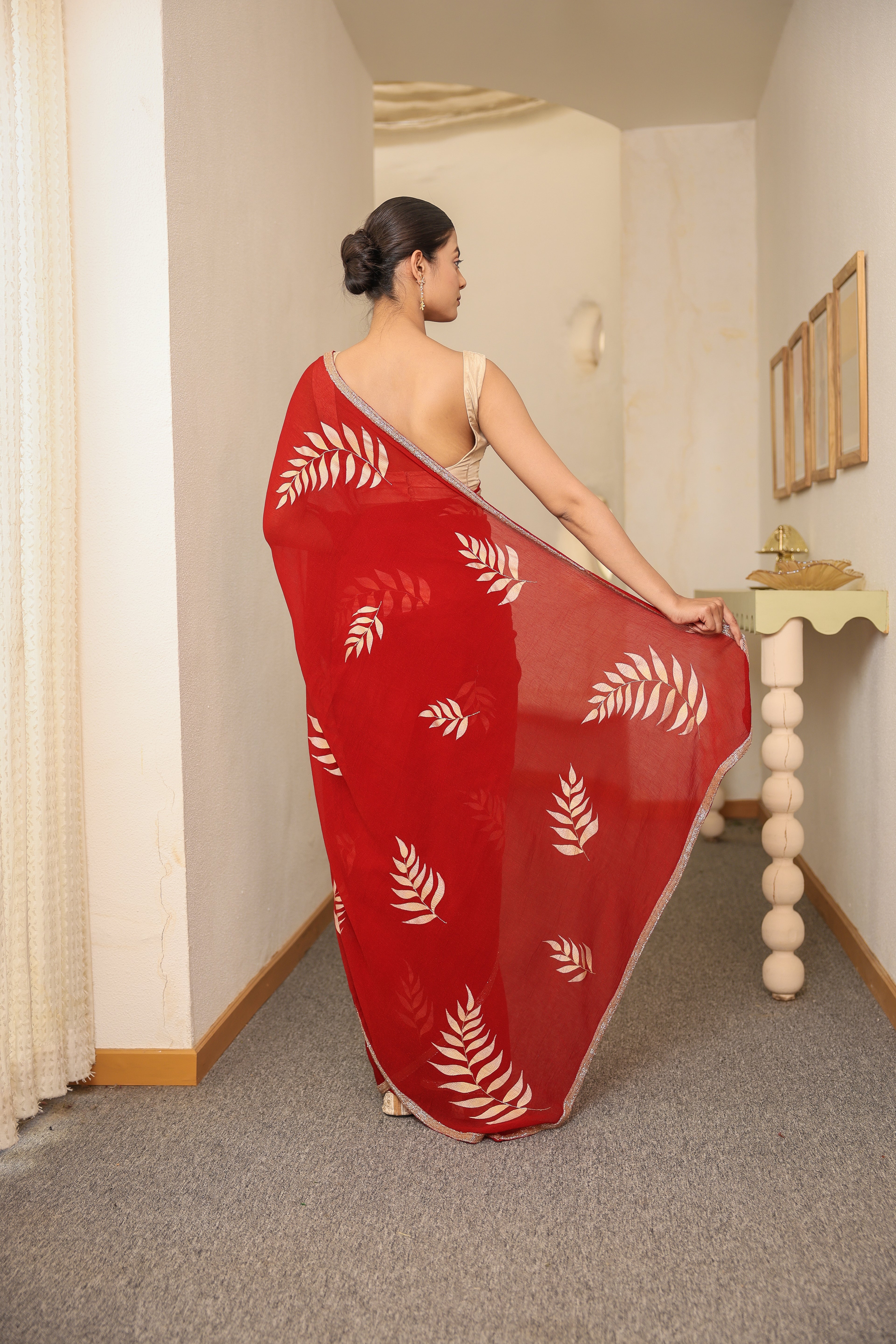 Hand-Painted and Hand-Embroidered Crimson Shimmer Chiffon  Fern Saree