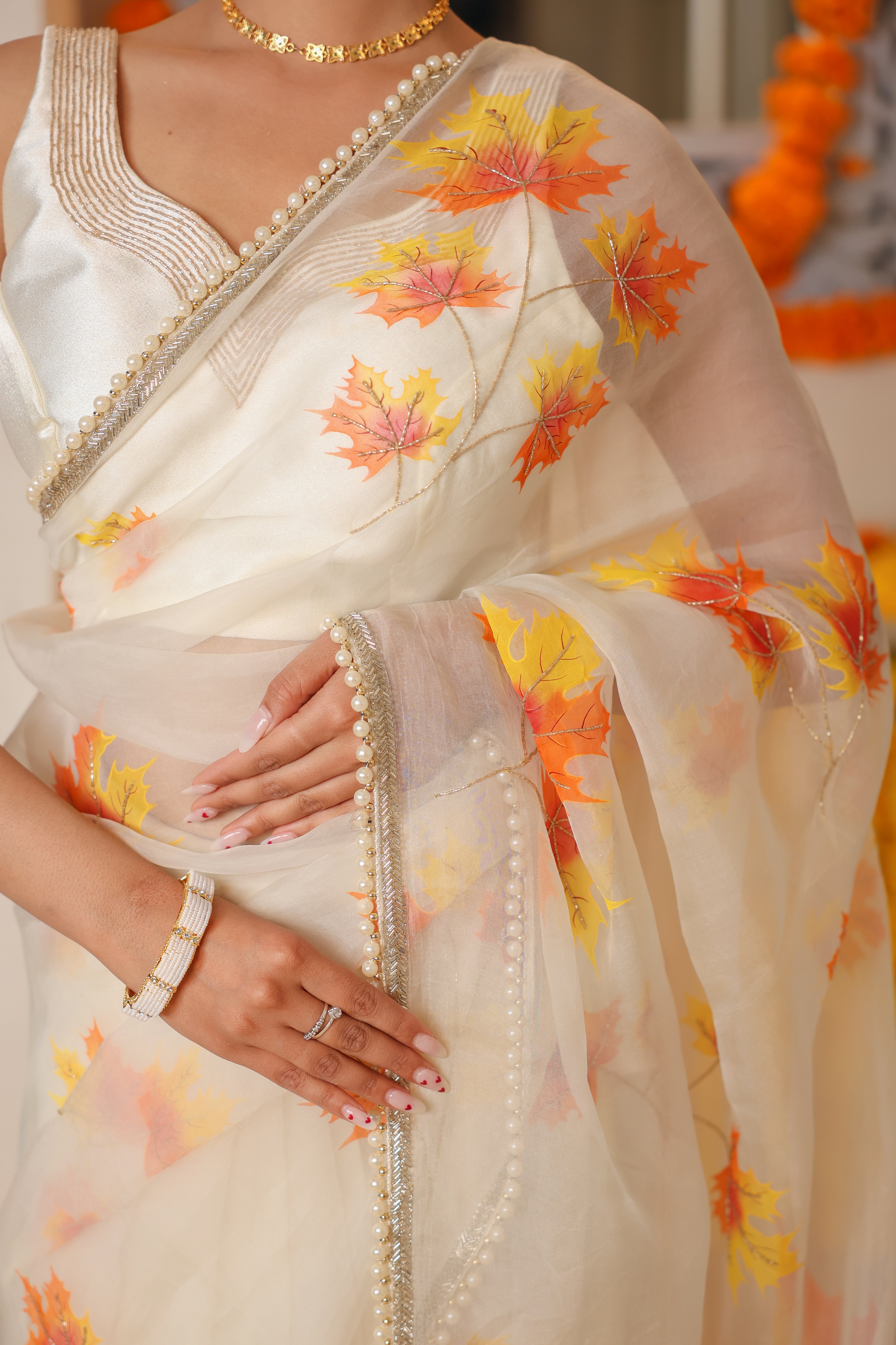 Hand-Painted and Hand-Embroidered Ivory Maple Leaf Pure Silk Organza Saree