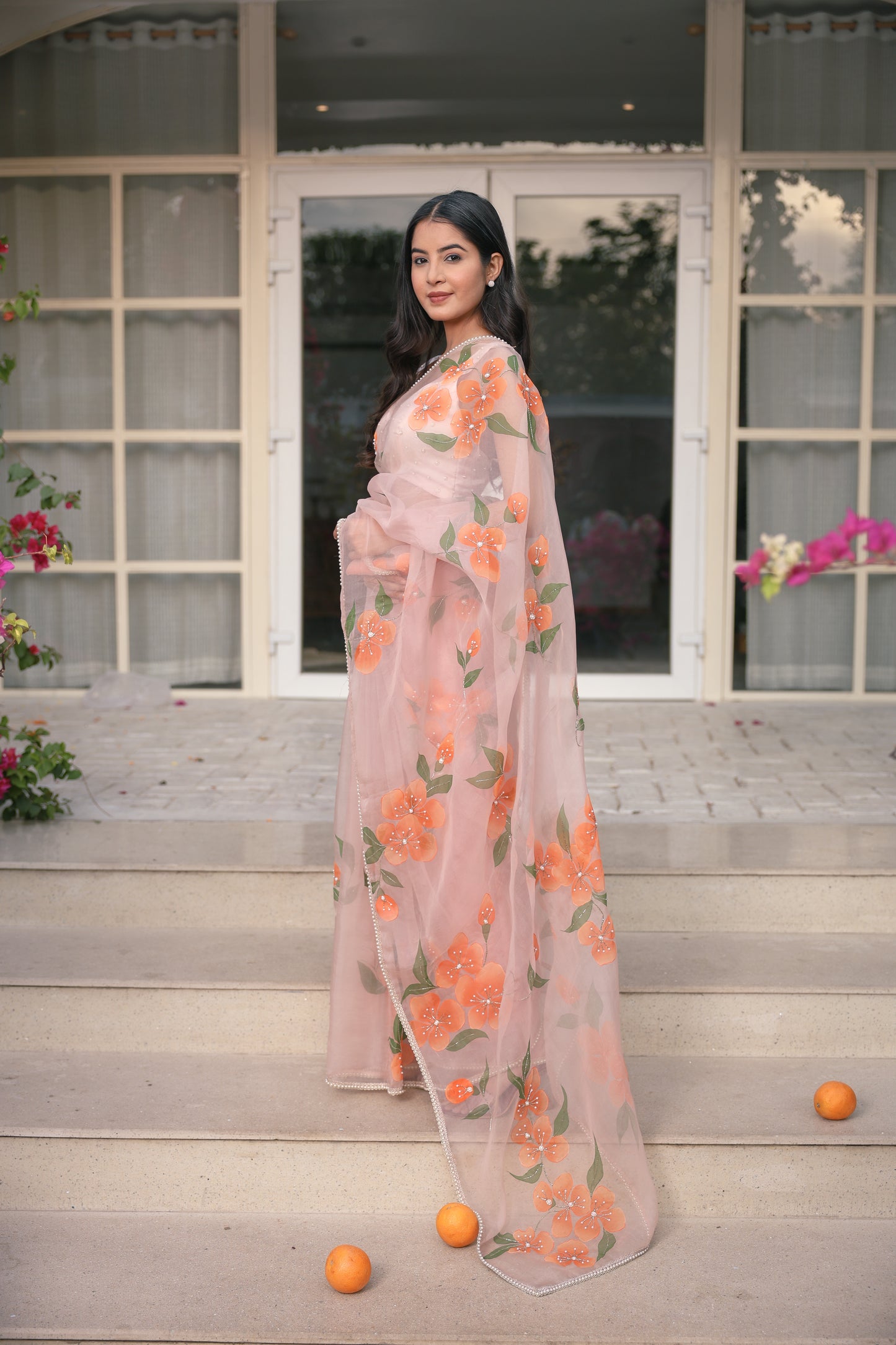 Hand-Painted Pastel Peach Floral Silk Organza Saree