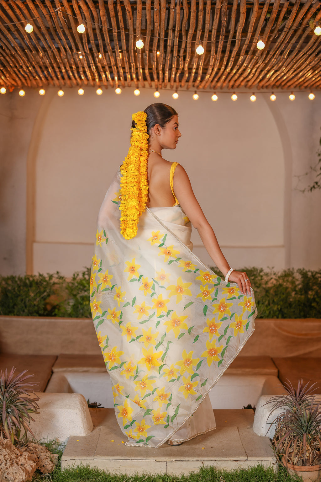 Handpainted and Hand embroidered Ivory Pure Silk Organza lily Saree