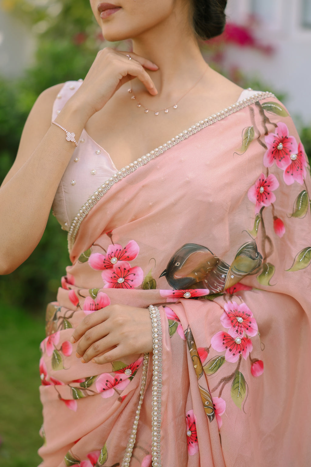 HandPainted and Hand embroidered Rose Gold Chinon Crepe Flower and Bird Saree