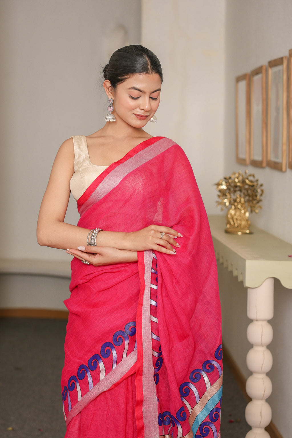 HandPainted and Hand embroidered Deep Pink Handloom Linen Saree