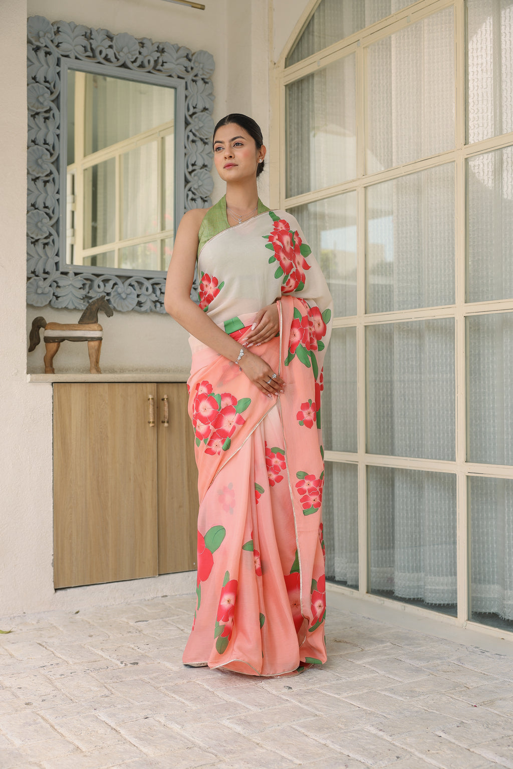 Handpainted Ombre Peach Pure chinon Chiffon Saree