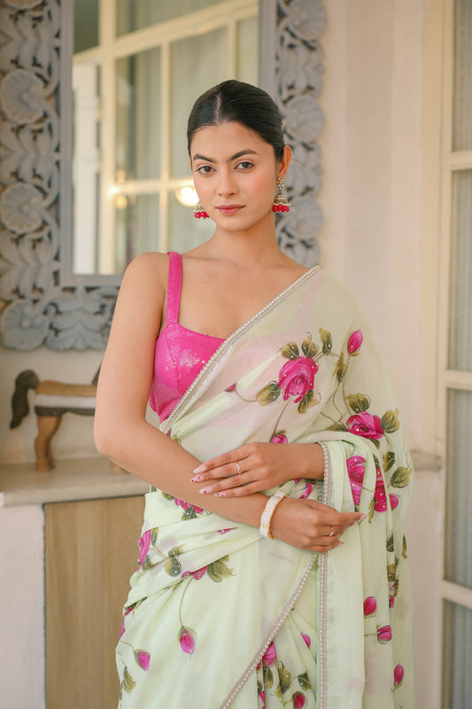 Hand-painted Light Green Floral Crepe Saree