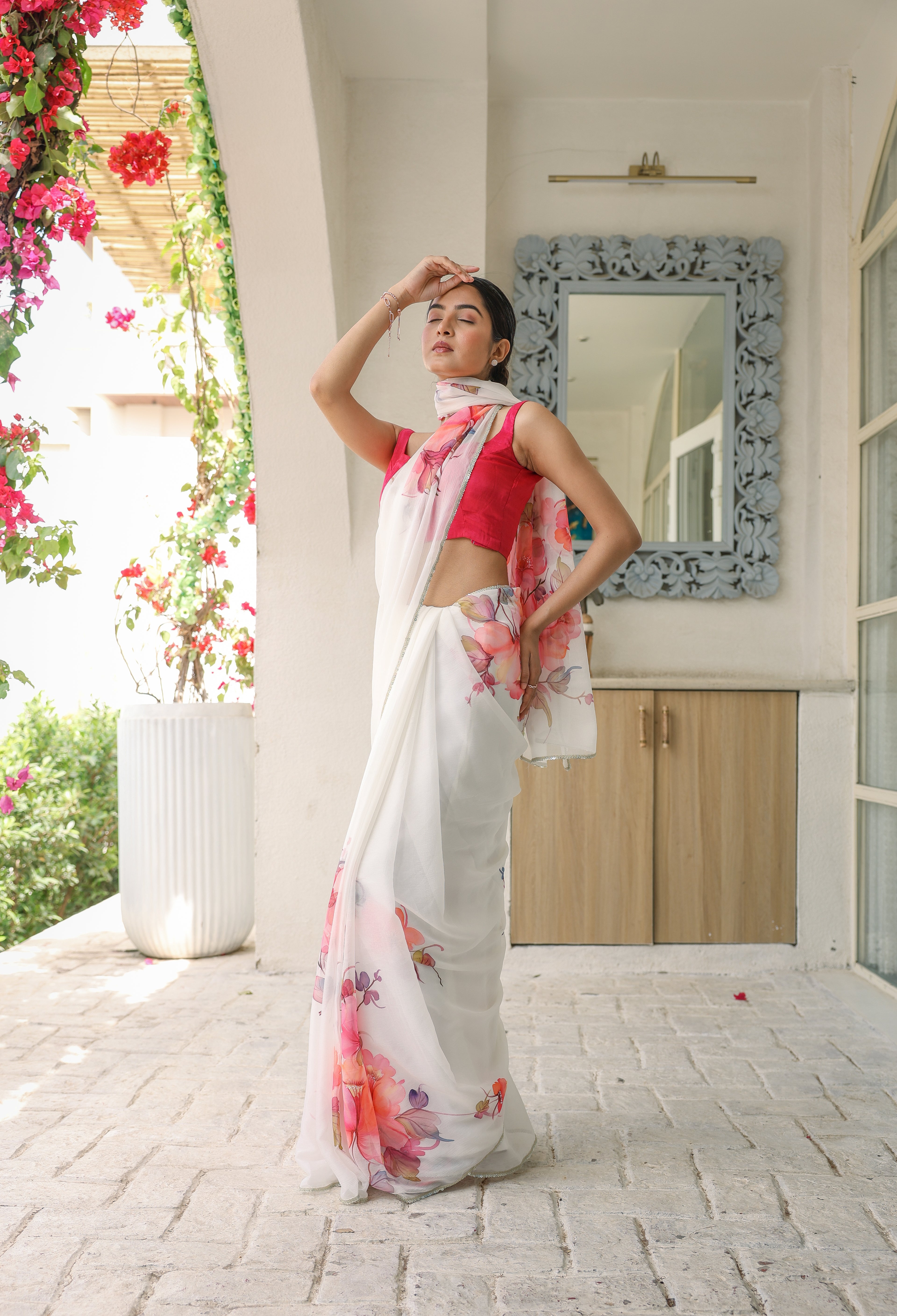 White Hand-Painted Chiffon Saree with Pink Blouse