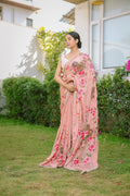 Peach Blossom Hand-Painted Crepe Saree