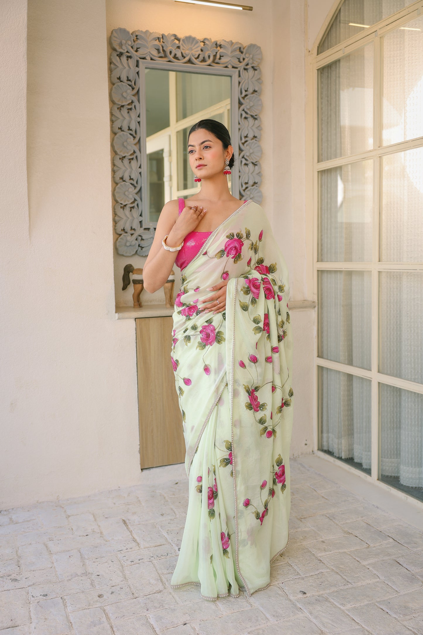 Hand-painted Light Green Floral Crepe Saree