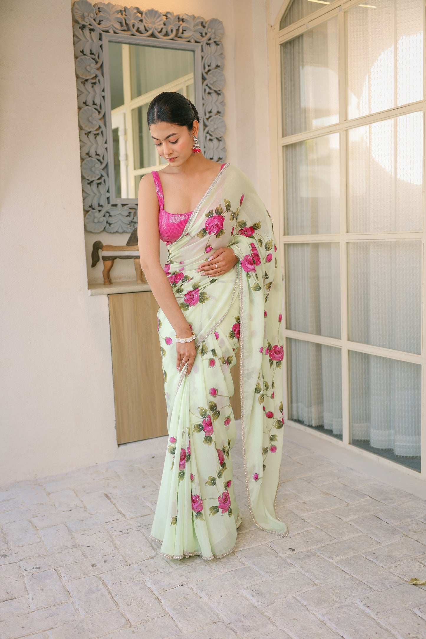 Hand-painted Light Green Floral Crepe Saree