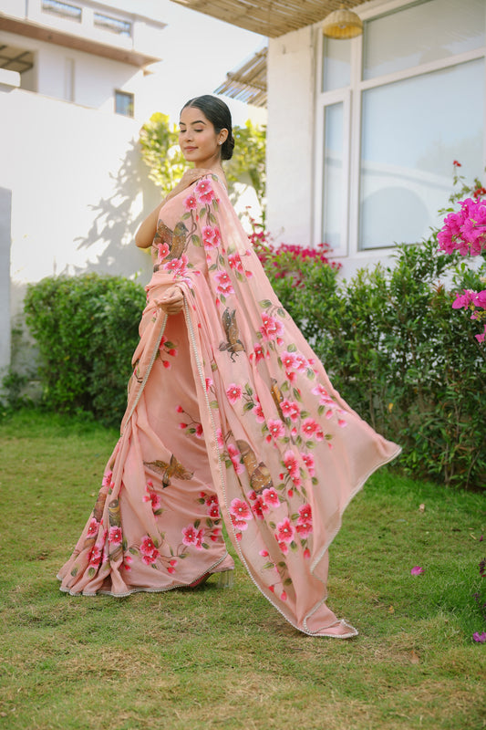 Hand-painted Floral Peach Crepe Saree
