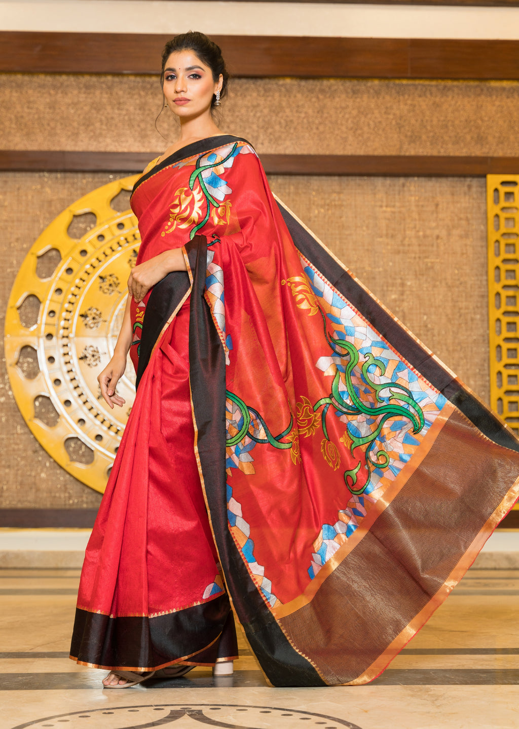 Handpainted and Hand embroidered Red Sambalpuri Silk Saree