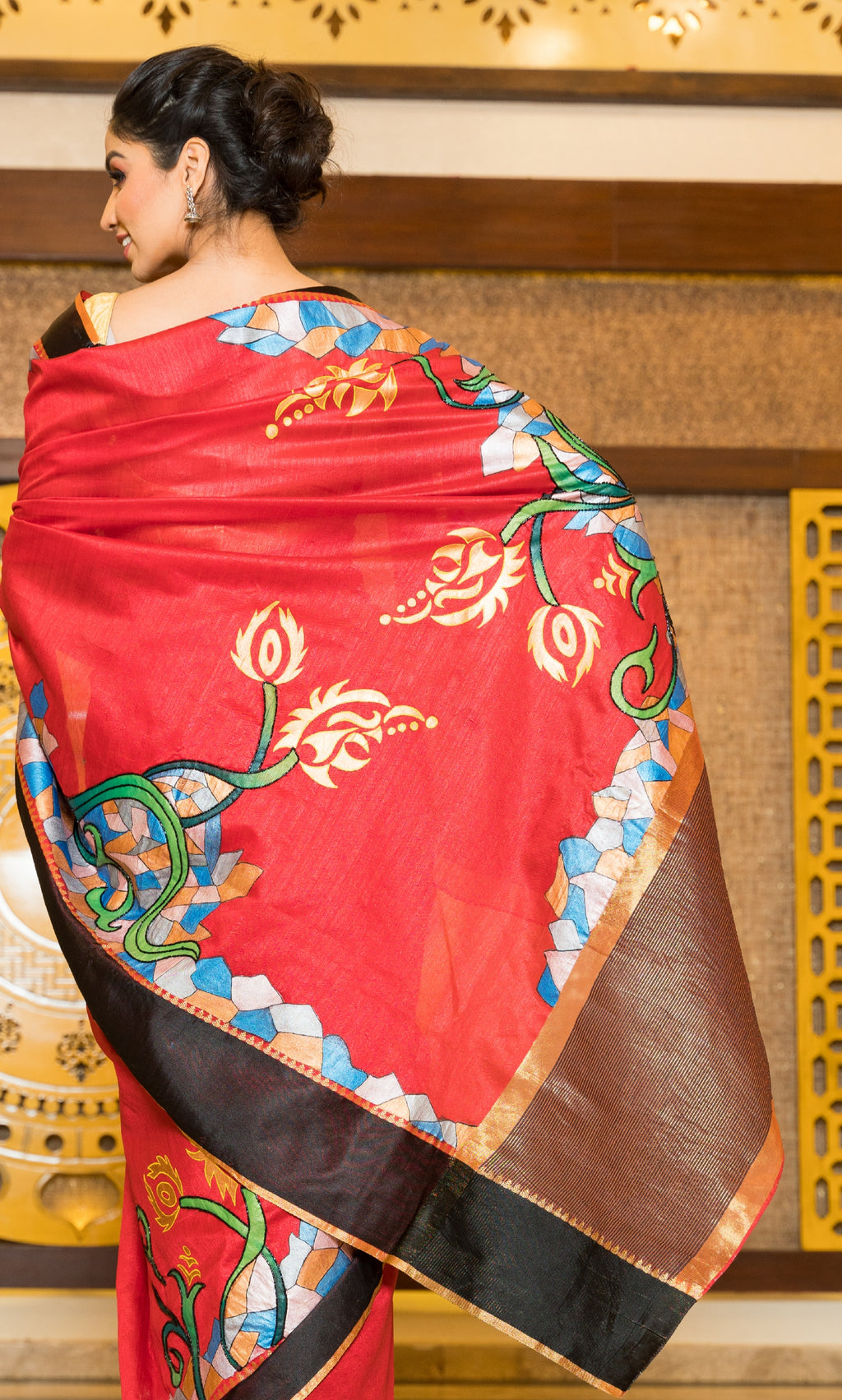 Handpainted and Hand embroidered Red Sambalpuri Silk Saree