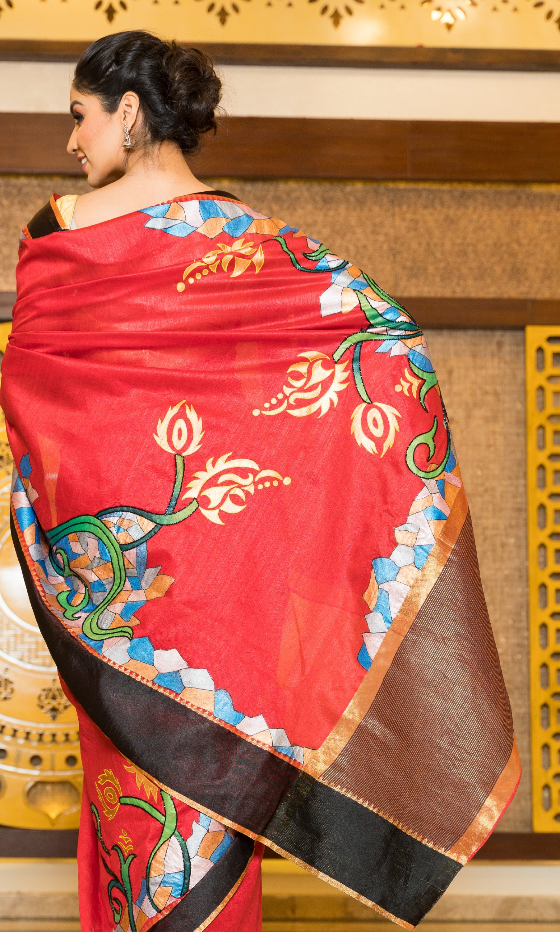 Handpainted and Hand embroidered Red Sambalpuri Silk Saree