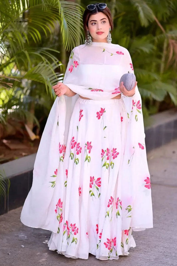 Handpainted White Natural Crepe  poppy lehenga