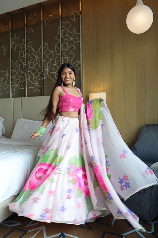 Hand painted Pastel Pink Silk Organza Lehenga